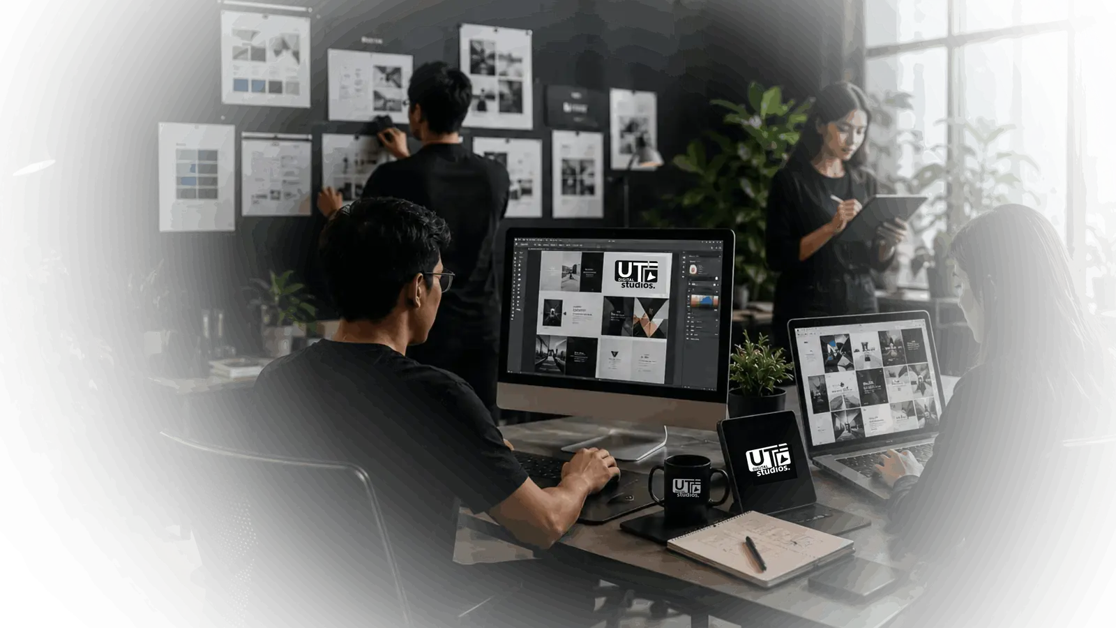 The UT Digital Studios team collaborating on brand and website designs in the studio